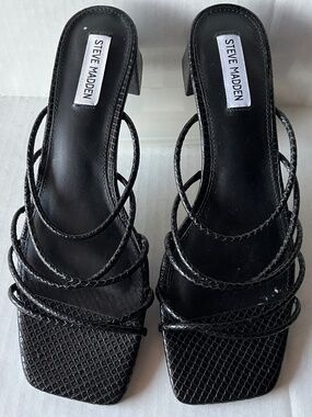 Steve Madden Paige Block Heel Strappy Sandals Reptile Print Square Toe 11M Black